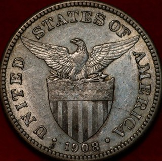 1908 S Philippines 50 Centavos Silver Foreign Coin
