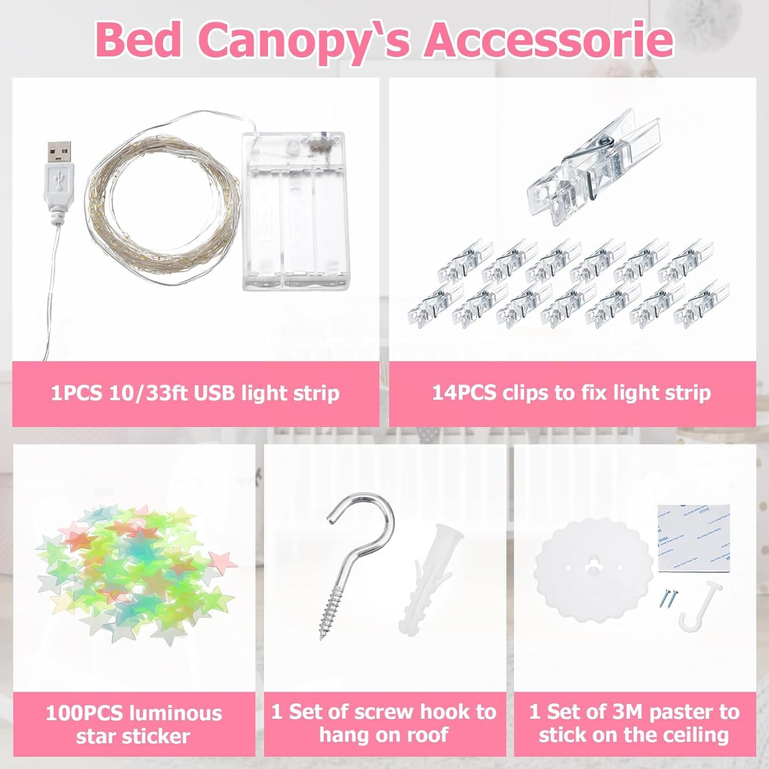 Bed Canopy with Lights, Bed Canopy for Girls Princess with Luminous Stars, Canop