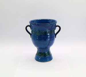 MCM Bitossi Vase Italy Italian Rimini Blue Green Porcelain Handles Relief 7" H