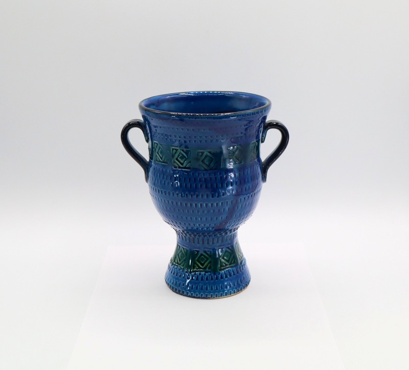 MCM Bitossi Vase Italy Italian Rimini Blue Green Porcelain Handles Relief 7" H