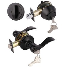 1Pack Exterior Door Lever Lockset with Single Cylinder Deadbolt Black Door Ha...
