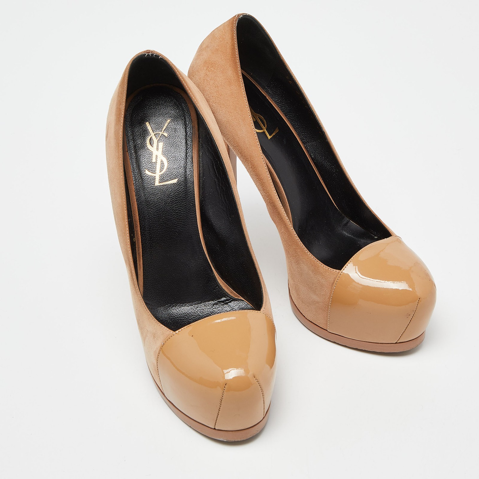 Décolleté tribtoo plateau Saint Laurent beige pelle scamosciata e verniciata punta