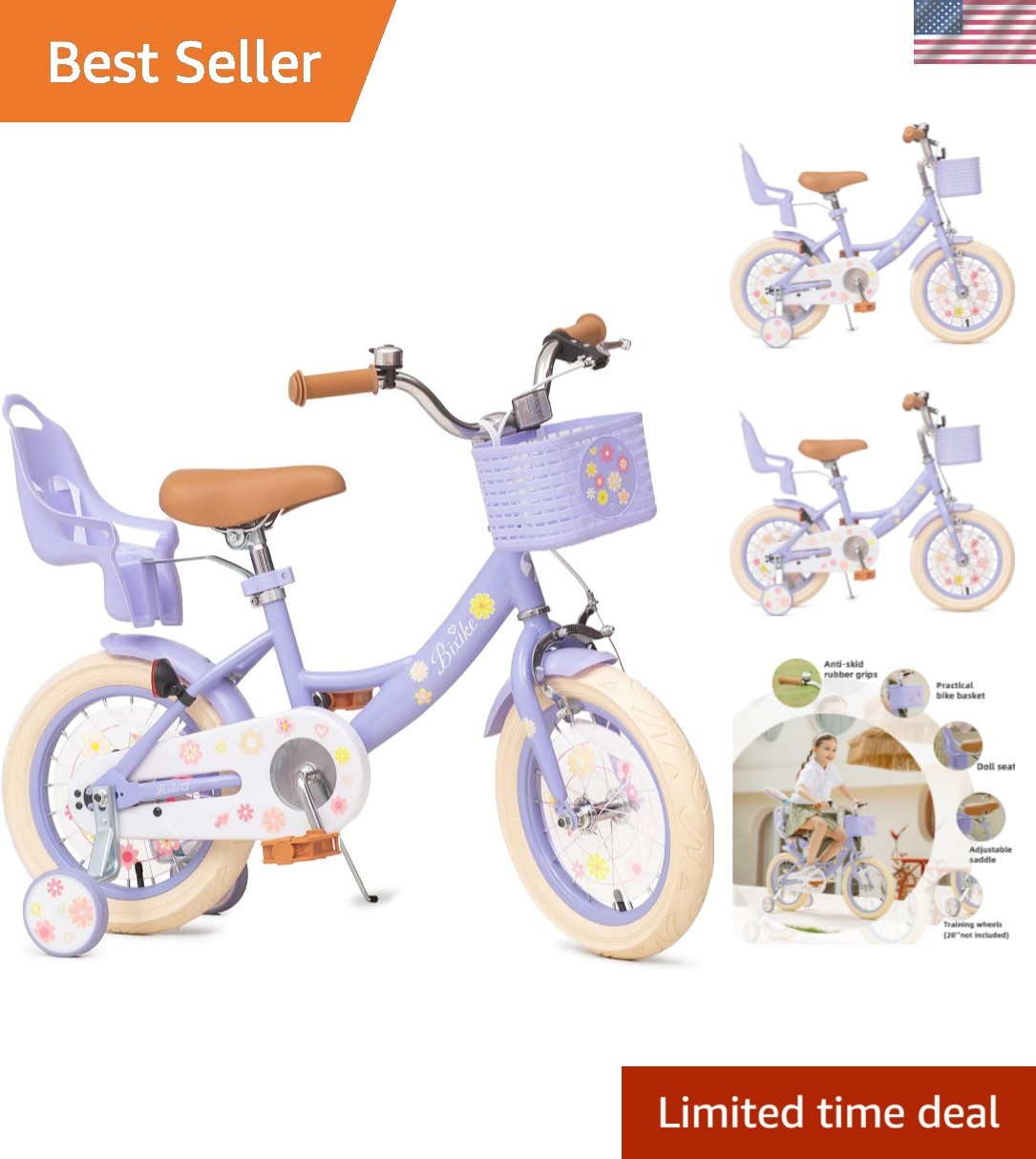Girls Bike with Basket for Toddlers and Kids Aged 3-14  Old,