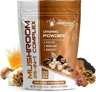 WELLNESS LABSRX Mushroom Powder, 25 in 1 Mushrooms Supplement - 2000mg. 01/2028