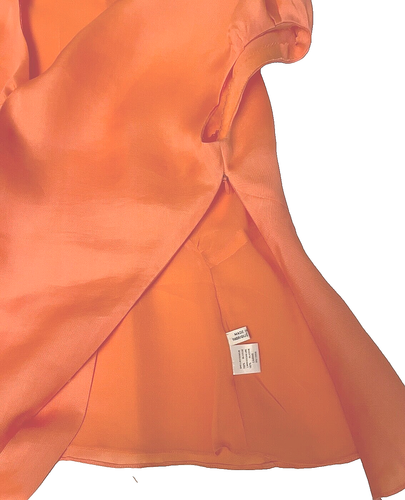 Fashionable 100%Silk Orange Blouse Bow Tie Cap Sleeve Side Zip Silk Lining sz S? - Picture 11 of 18