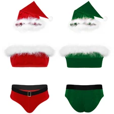 Mens Sissy Christmas Underwear Set Crop Top + Pouch Briefs Hat Party Clubwear