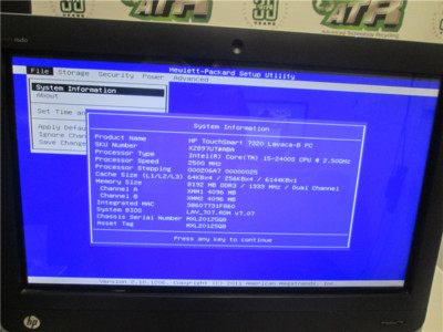 HP TouchSmart 7320 Intel i5-2400S, 8GB RAM, No HDD/OS, 15'' Touchscreen Broken