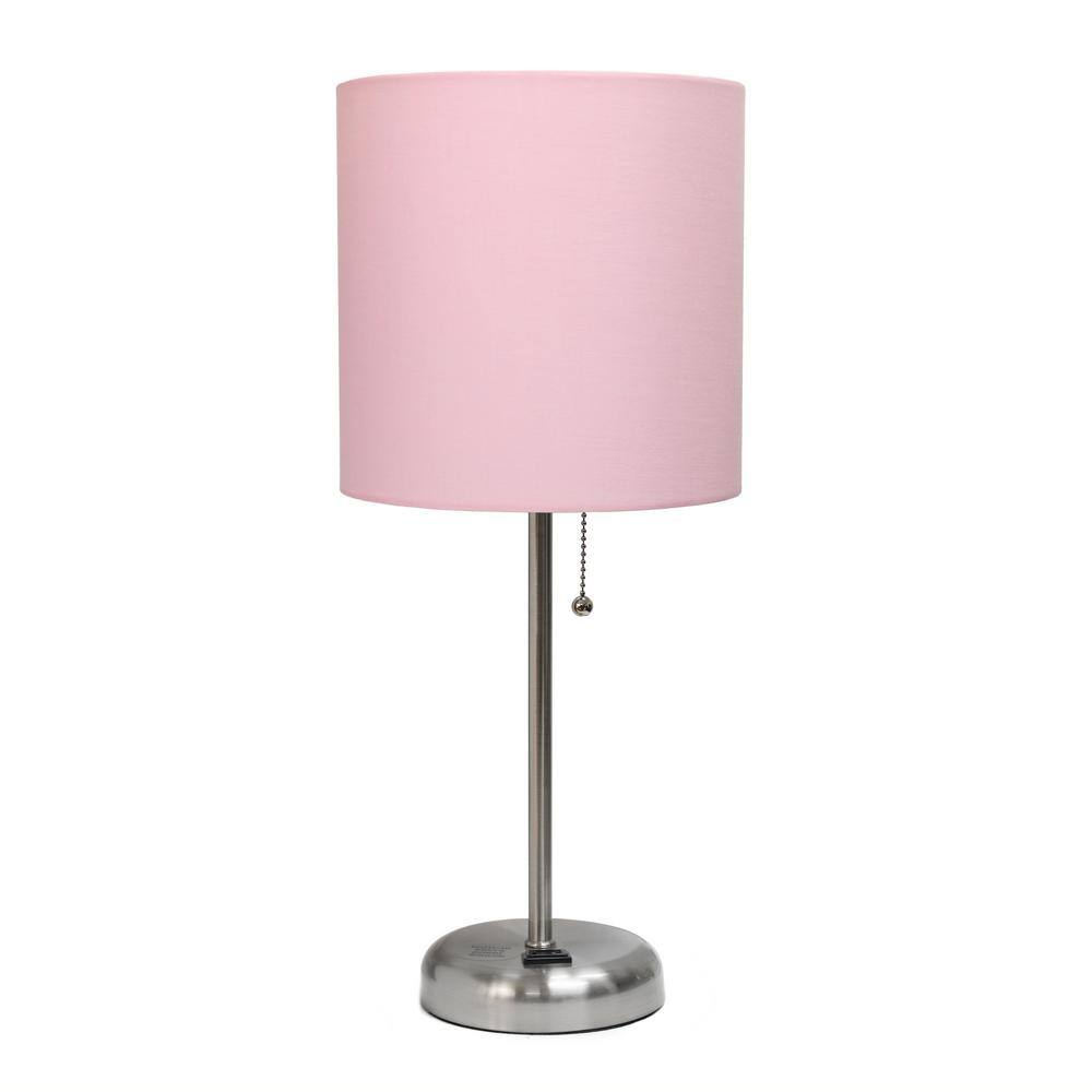 19.5 in Light Pink Fabric Shade Table Lamp with Charging Outlet and Brushed Steel Base-image