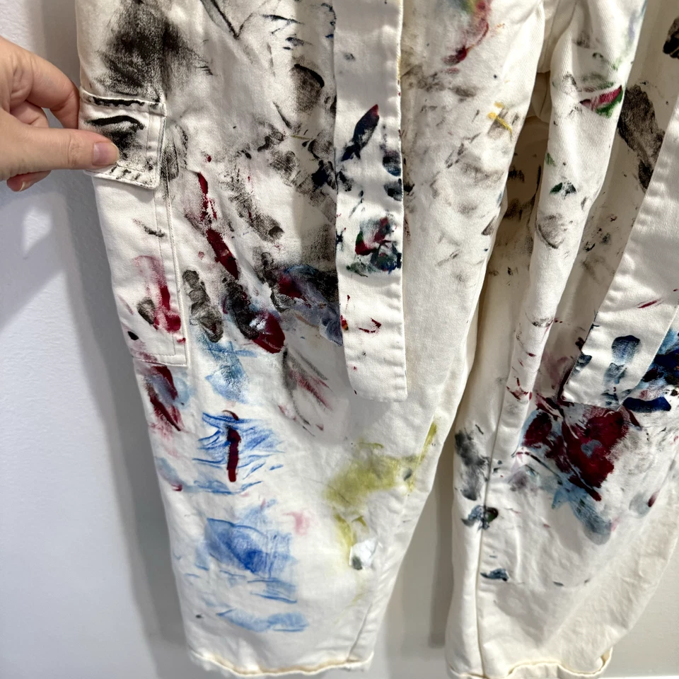 Mono H&M XS Blanco Pintura Salpicaduras Bolsillo Carga Pierna Recta Denim Foto 4 de 4