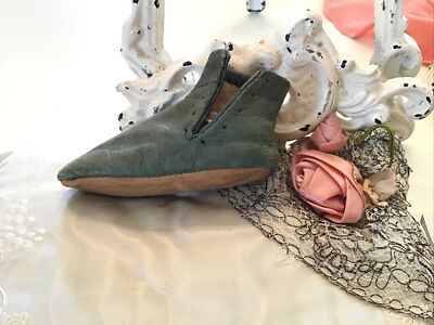 Vtg leather Small Aqua Boot Sewing spool holder tool kit victorian old miniature