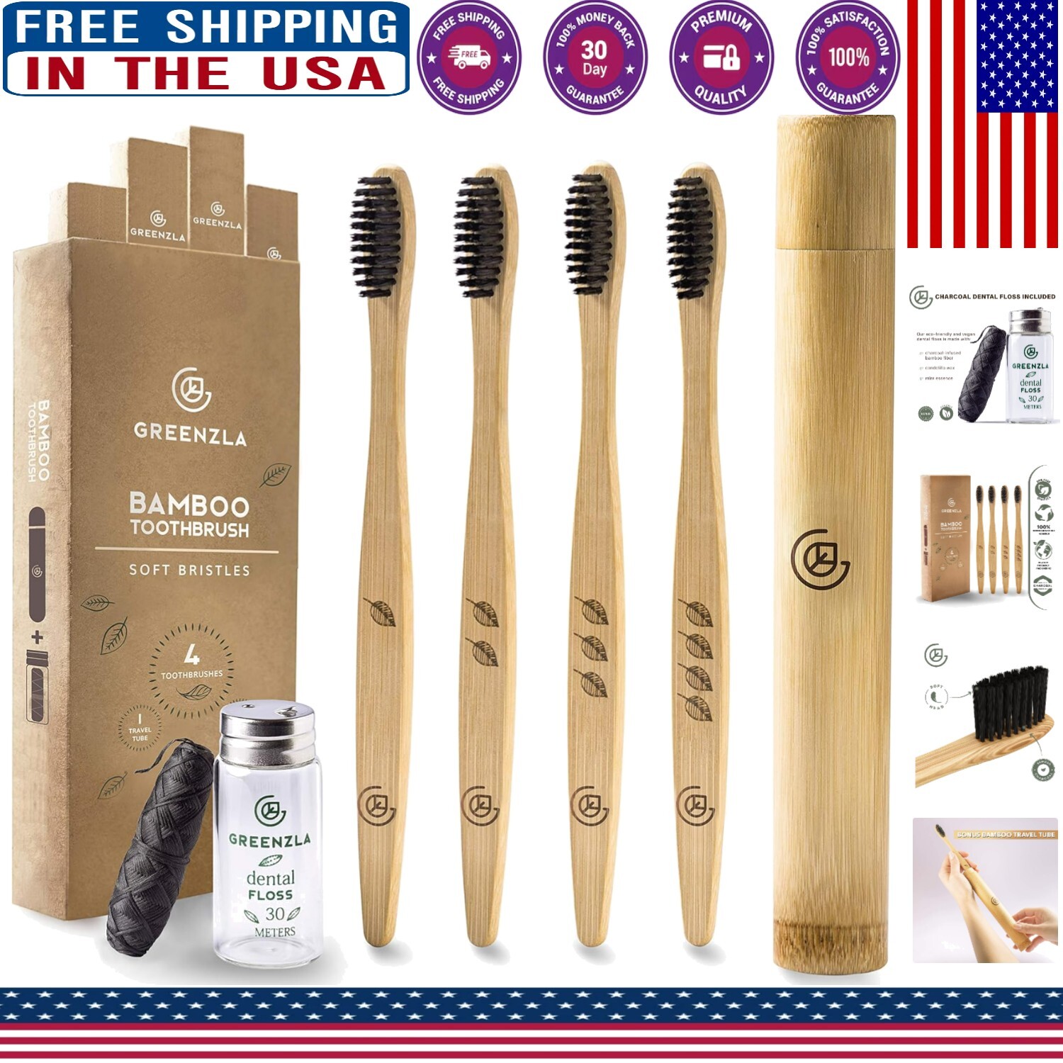 Organic Bamboo Toothbrushes for Adults - 4 Pack Soft Bristles and Travel Case