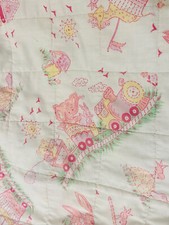 VTG Animal Train Baby Quilt Blanket Pink Trim Elephant Kangaroo Bunny Giraffe