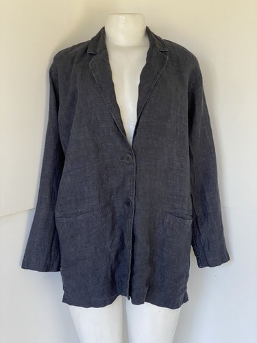 EILEEN FISHER $348 DENIM ORGANIC WASHED LINEN NOTCH COLLAR JACKET S - Picture 2 of 6