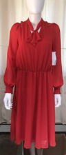 JustFab L/S Lined Dress with Tie Neck - Elastic Waist - Red  - Size S