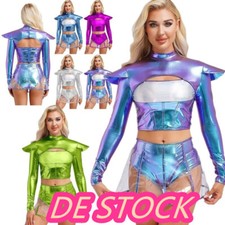 DE Women Alien Outerspace Costume 2Pcs Space Suit Metallic Hollow Out Tops+Skirt
