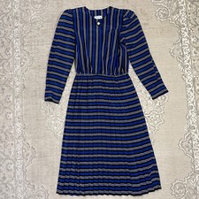 Vintage Lady Carol Petites 80s Striped Pleated Dress Size 6 Puffed Sleeve Blue