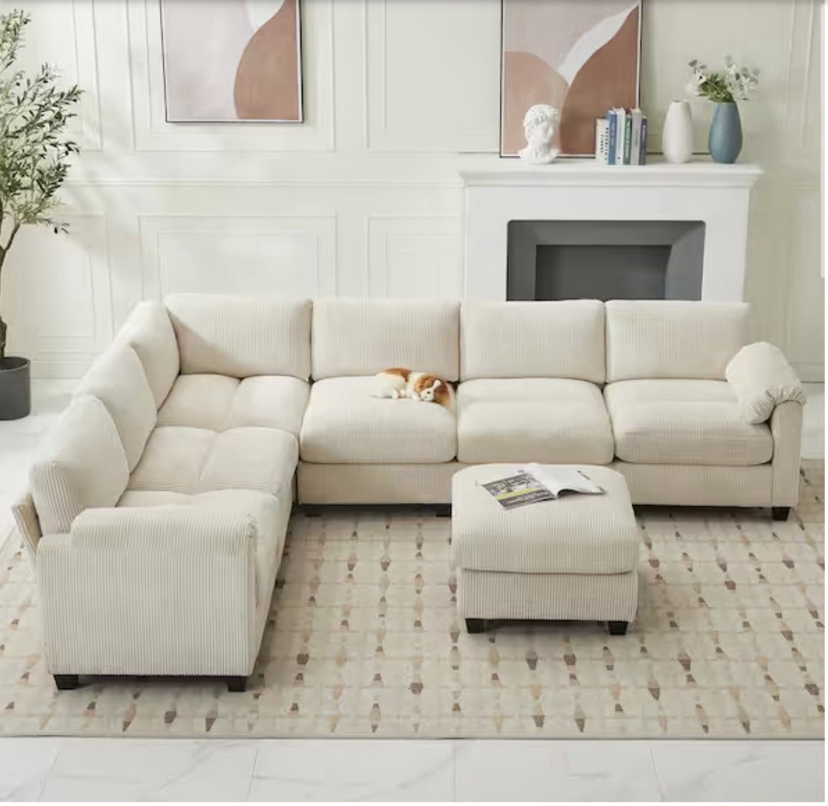 115 in. Corduroy Modular L-Shaped Beige 7-Seat Sectional Sofa for