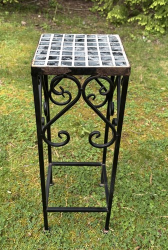 Vintage Wrought Iron Plant Stand Glass Tile Top 20.5"H Scroll