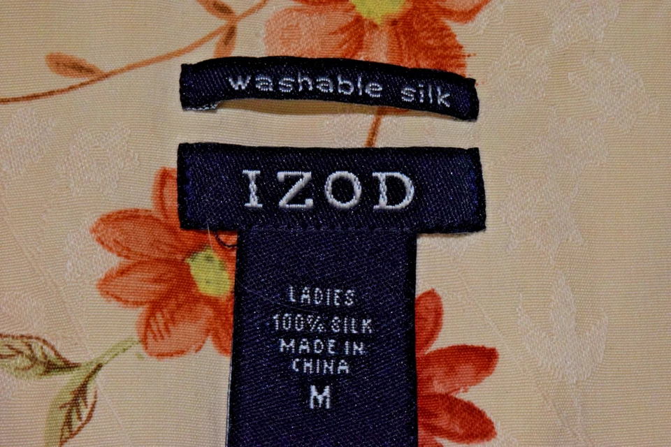 Izod M 码衬衫米色橙色花朵可水洗丝绸 — 第 3/4 张图片