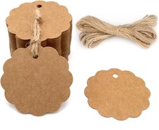 100PCS Craft Scalloped Paper Tags with Natural Jute Twines, 2.4'' Round Tags