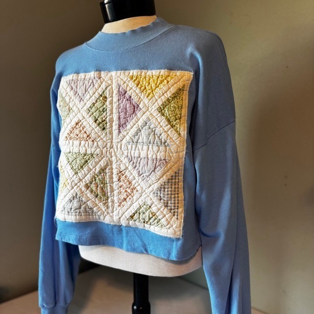 Up Cycled Blue Cropped Quilted Patchwork Sweatshi… - image 2