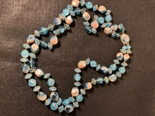 Vtg Hong Kong Glass &plastic Beaded Necklace Double Stranded Gold Tone Blue 24”