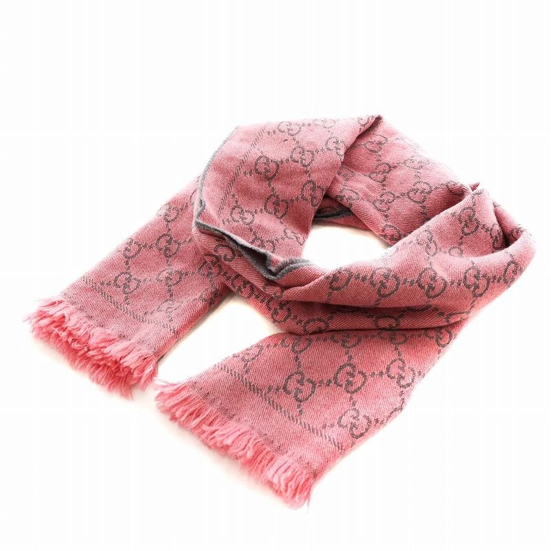 Gucci Gg motif écharpe franges laine rose /An29 Oh femme