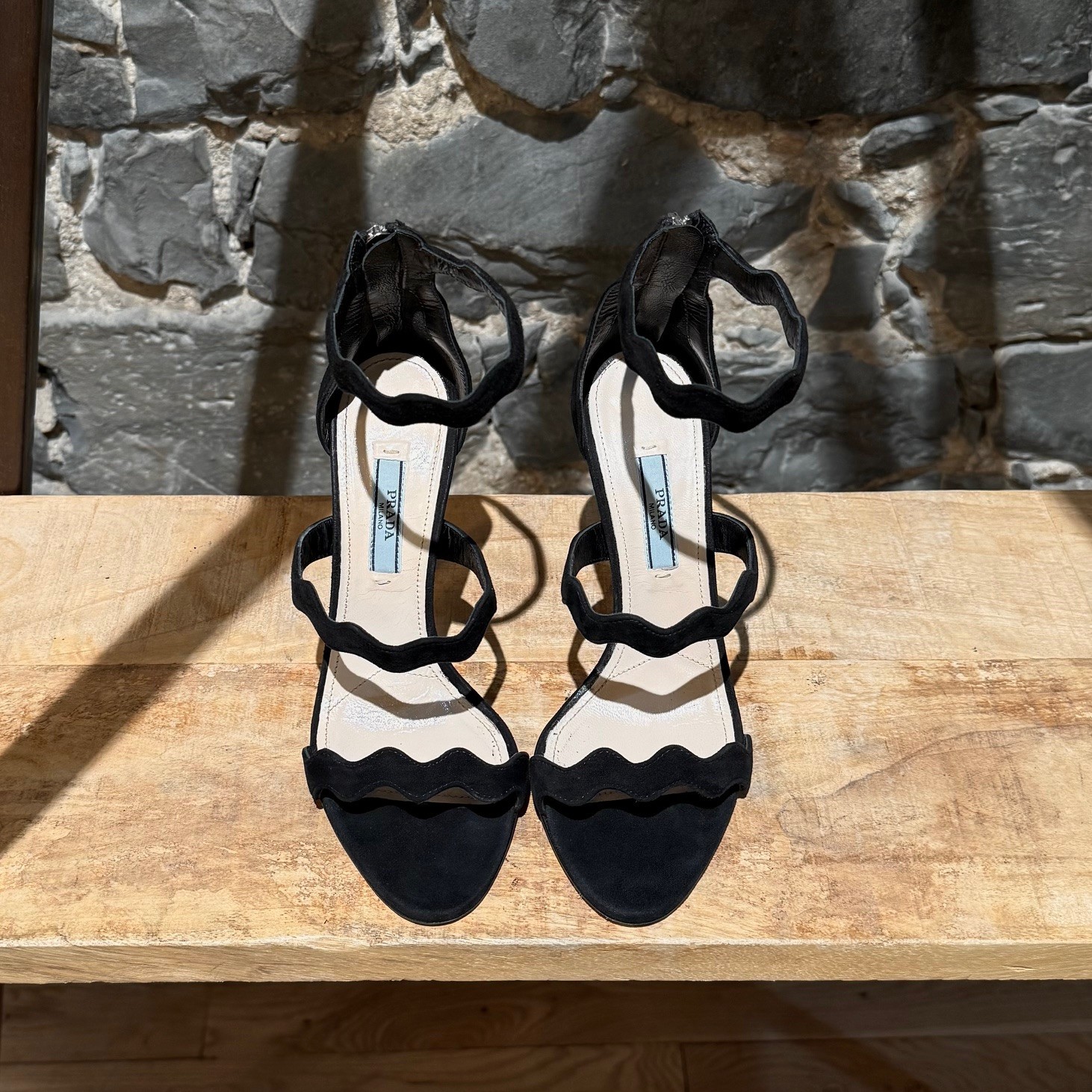 Prada Black Suede Wavy Strap Heeled Sandals - 36.5 IT thumbnail 3