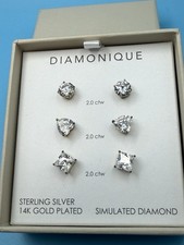 QVC Diamonique Stud Earrings 3 Pair Set -  Sterling Silver  14K Gold Plated