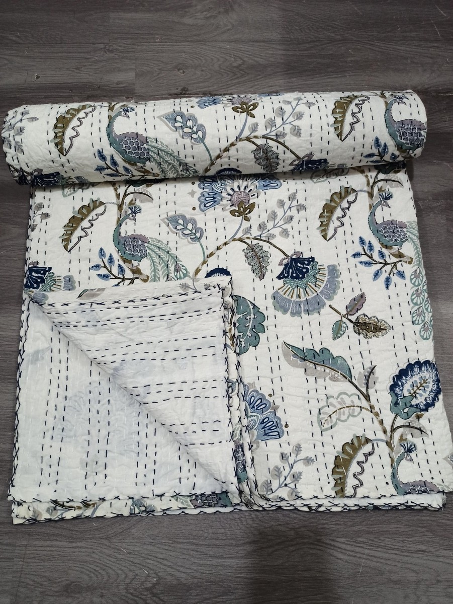 Kantha Hand Block Print Handmade Stitch Queen Size Bedspread Quilt