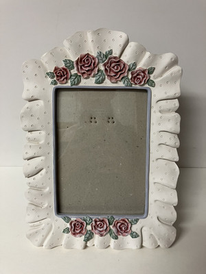 Vintage Ceramic 5 x 7 Frame Vined Roses Ribboned Edges Beautiful