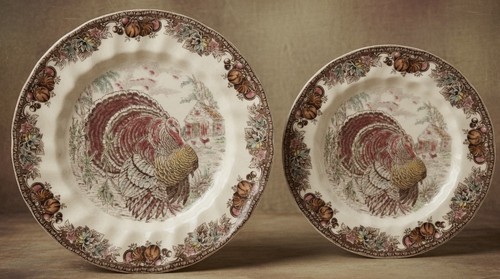 Autumn Turkey Monarch Johnson Brothers Dinner @ Salad / Dessert Plate Set 2 VTG