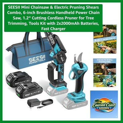 800W Cordless Mini Chainsaw and Pruning Shears Set with Dual Batteries & Charger