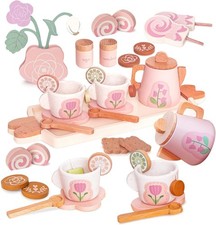 Wooden Tea Set for Little Girls, Pretend Play Tea Party Set Toy with 26 PCS P...