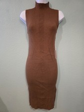 Sleeveless Turtleneck Body Con Midi Sweater Dress Brown Knit Stretch Size M