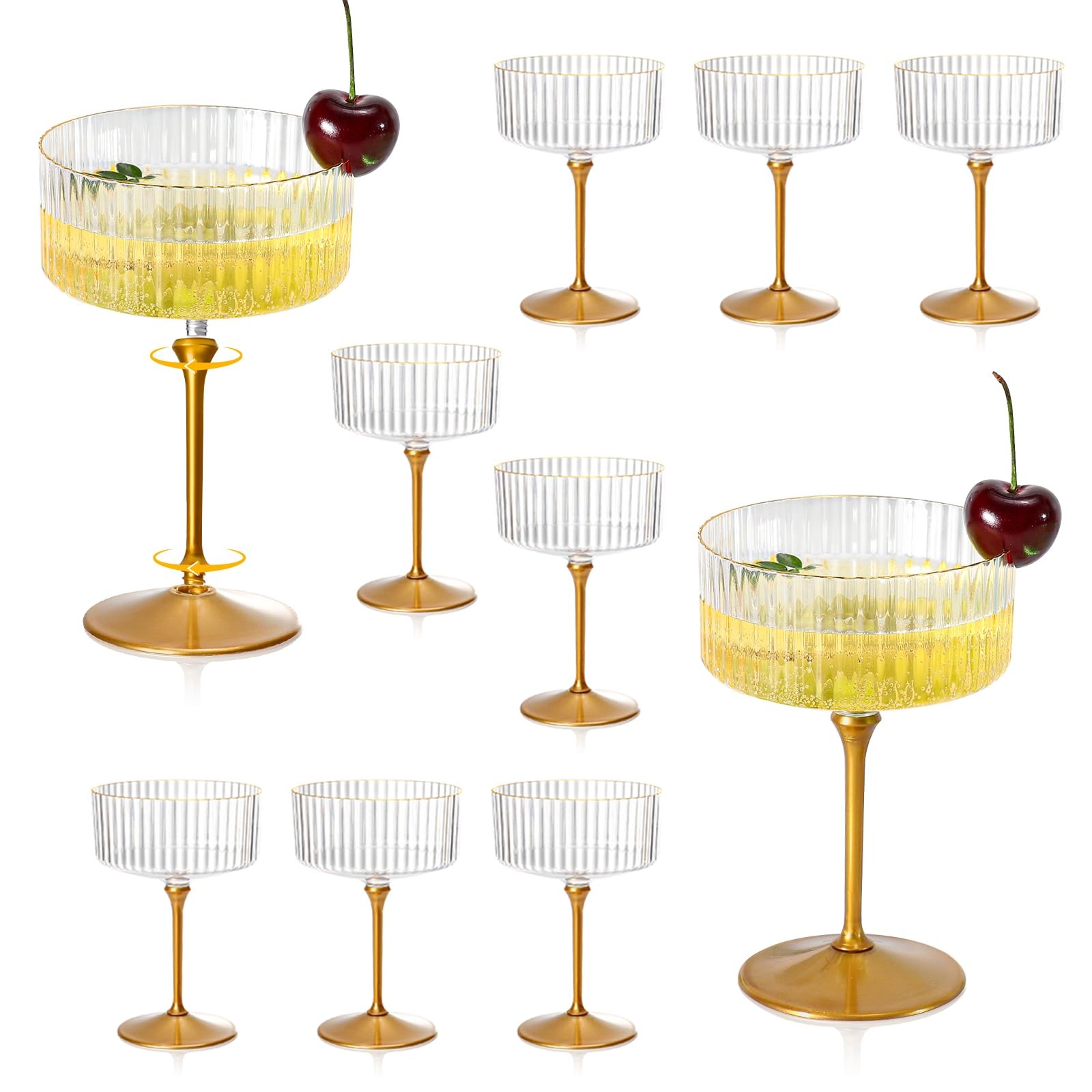 12-Piece 10oz Clear Plastic Martini Coupe Glasses with Detachable Ribbed Design