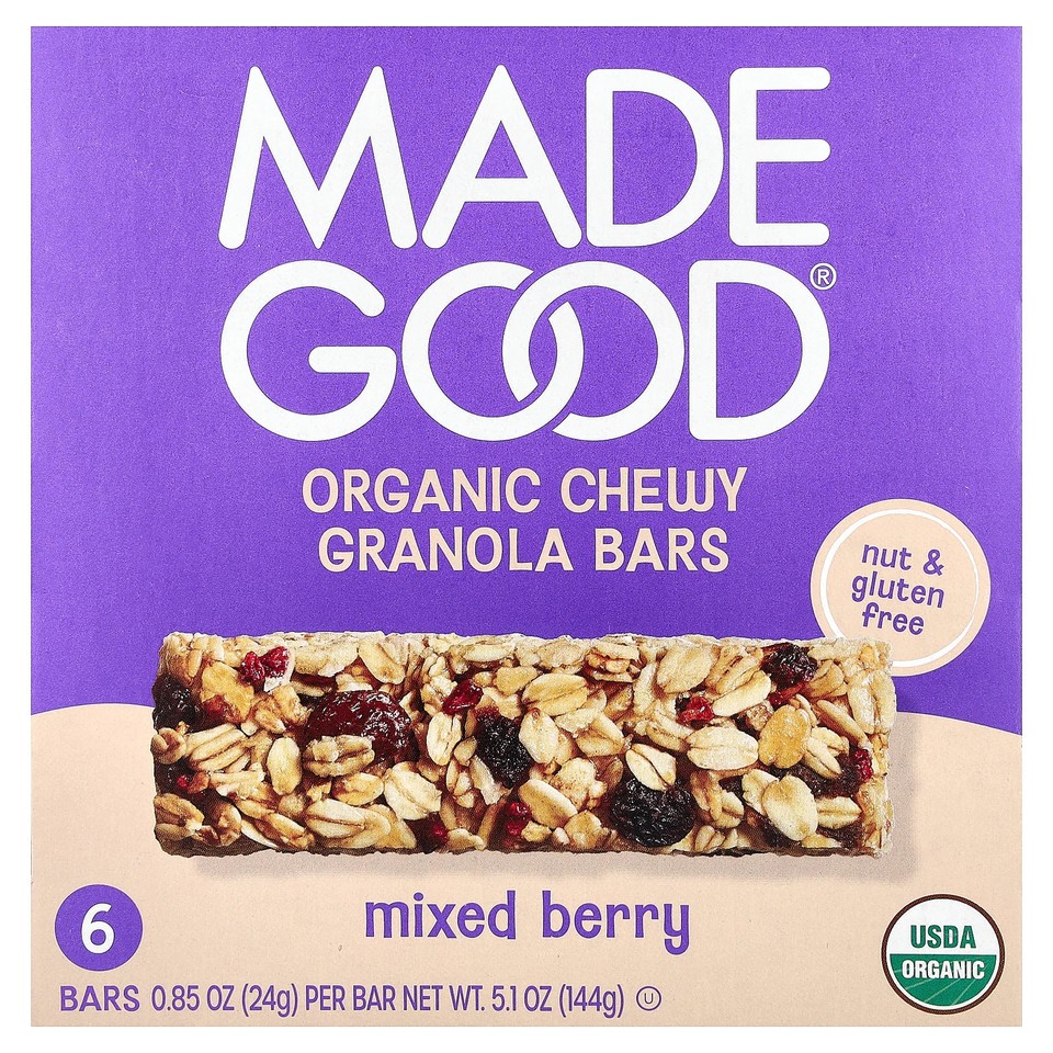 Organic Chewy Granola Bars, Mixed Berry, 6 Bars, 0.85 oz (24 g) Each