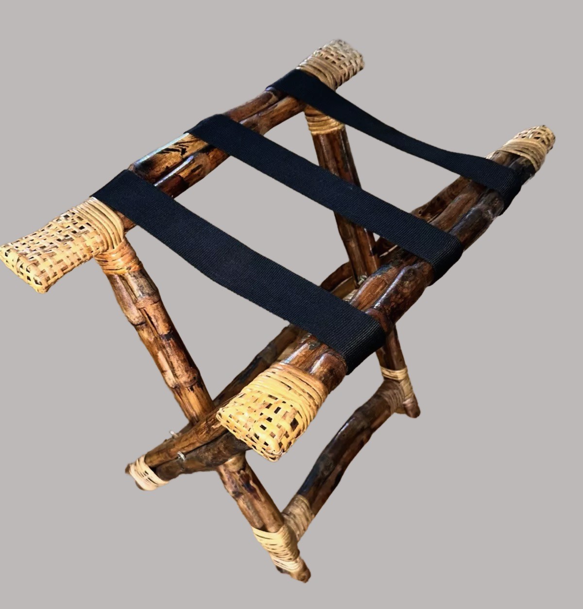 Vintage Bamboo Rattan Luggage Rack Folding Butler Tray Stand
