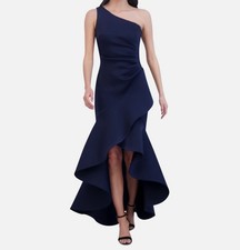 Eliza J Women's Blue Pleated Asymmetric Ruffled One-Shoulder Gown Dress Size 14