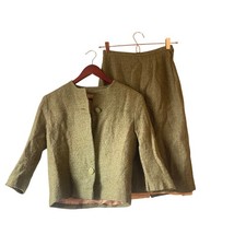 Handmade Vintage 60s Secretary Style Skirt Suit Olive Green Textured Wool Set