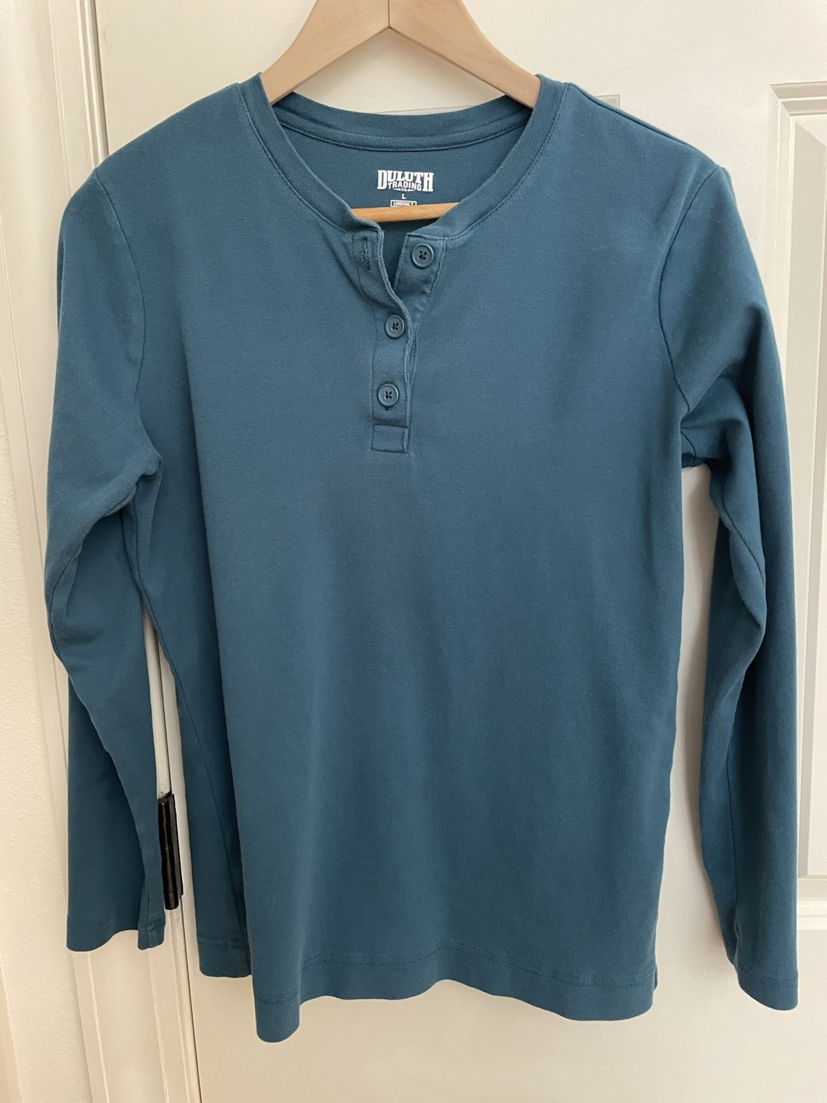 Duluth Trading Co. Womens Cotton Longtail T Sz L Teal Blue Long Sleeve Henley