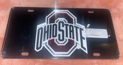 OSU OHIO STATE Buckeyes Black Laser Cut Red / Silver Mirrored License Plate