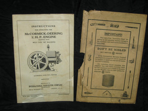 Old 1930 IHC McCormick Deering 1 1/2hp Hit Miss Gas Engine Instruction Manual