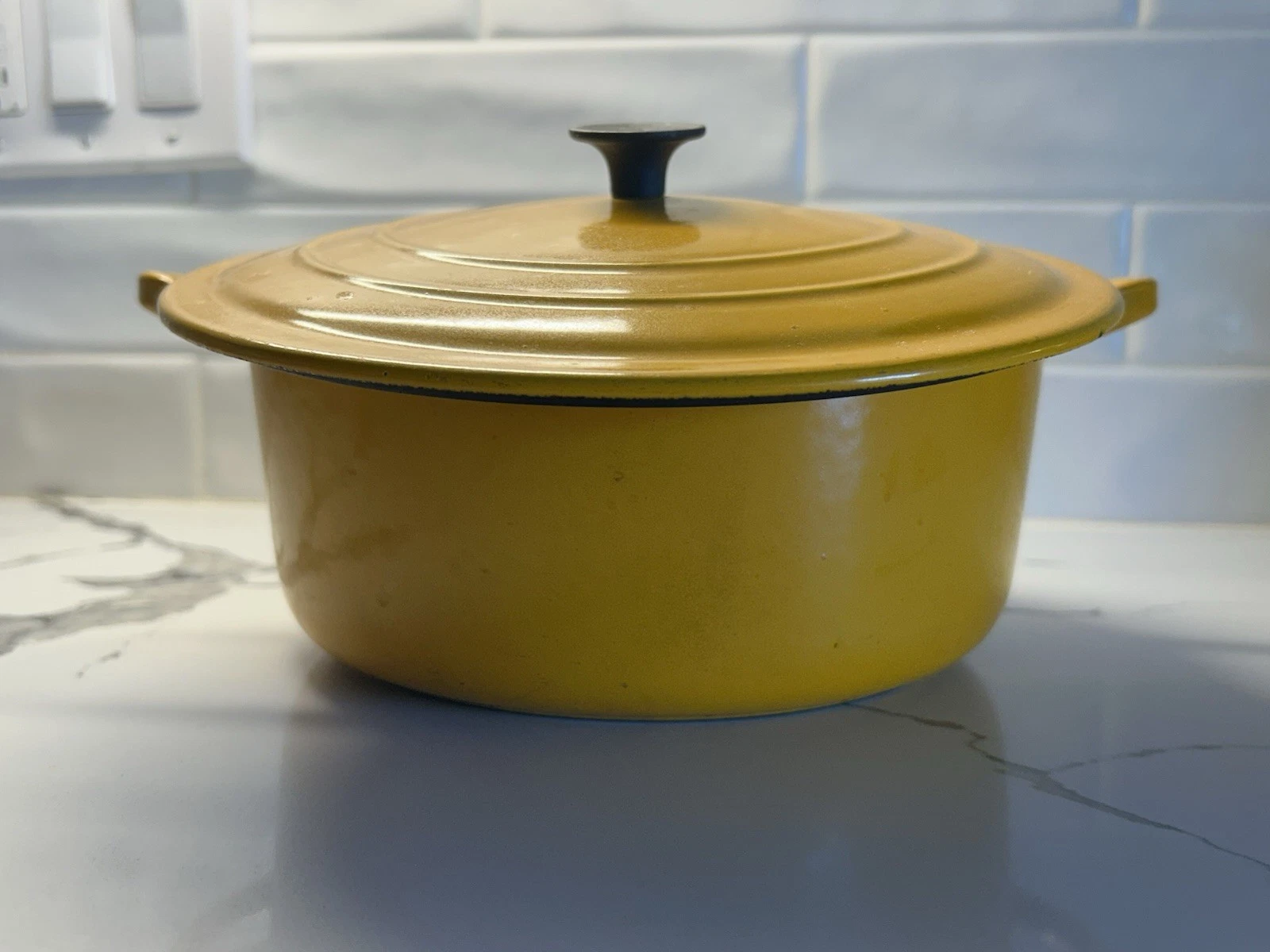 Vtg Le Creuset "D" Yellow Cast Iron Dutch Oven Pot w/Lid - Made In France, 3.5QT