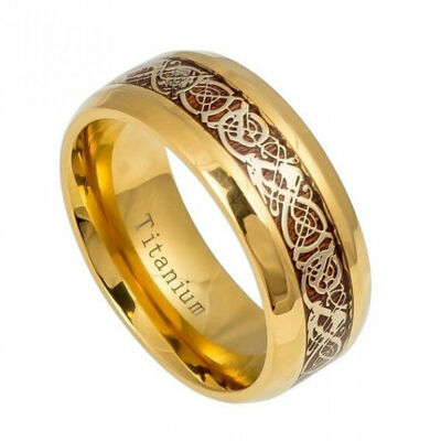 Men's Gold Titanium Royal Celtic Knot Dragon Koa Wood Inlay Wedding Band Ring