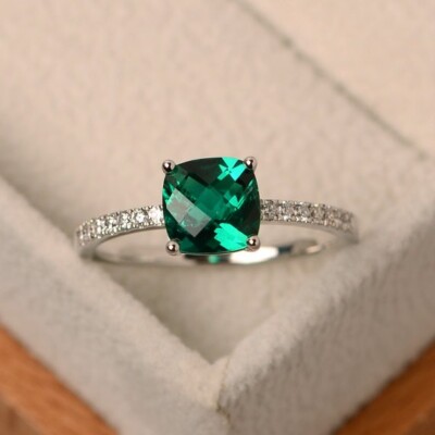 1.55 Ct Real Cushion Cut Emerald & Diamond Engagement Ring 14k Solid White Gold