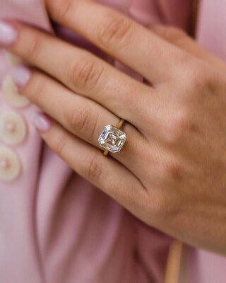 4.18 CT Old Mine Asscher Cut Moissanite Bezel Set Engagement Ring, Women Jewelry