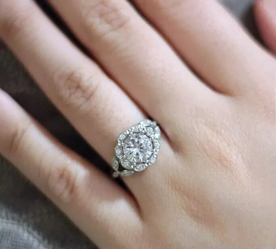 Vintage Art Deco Style 2Ct Lab Created Diamond Engagement Ring 14K White Gold FN