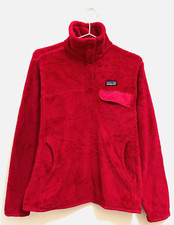 Patagonia Vintage Teddy Fleece Sweater Recycled Womens Medium Pop Button Red.