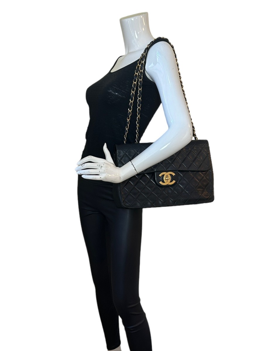 Chanel Vintage 1990s Black Lambskin Leather Quilted XL Jumbo
